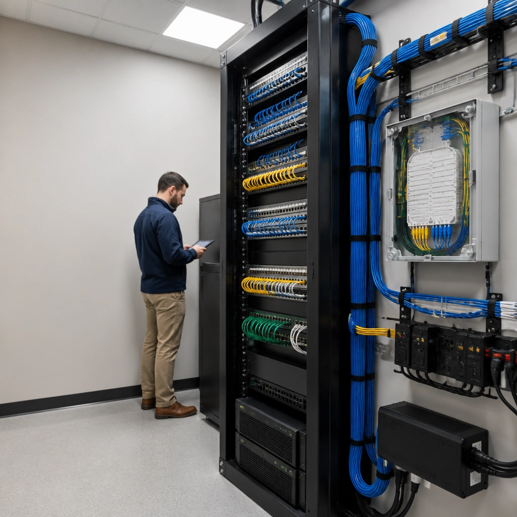 CimaSolutions technician working on a network rack and structured cabling installation